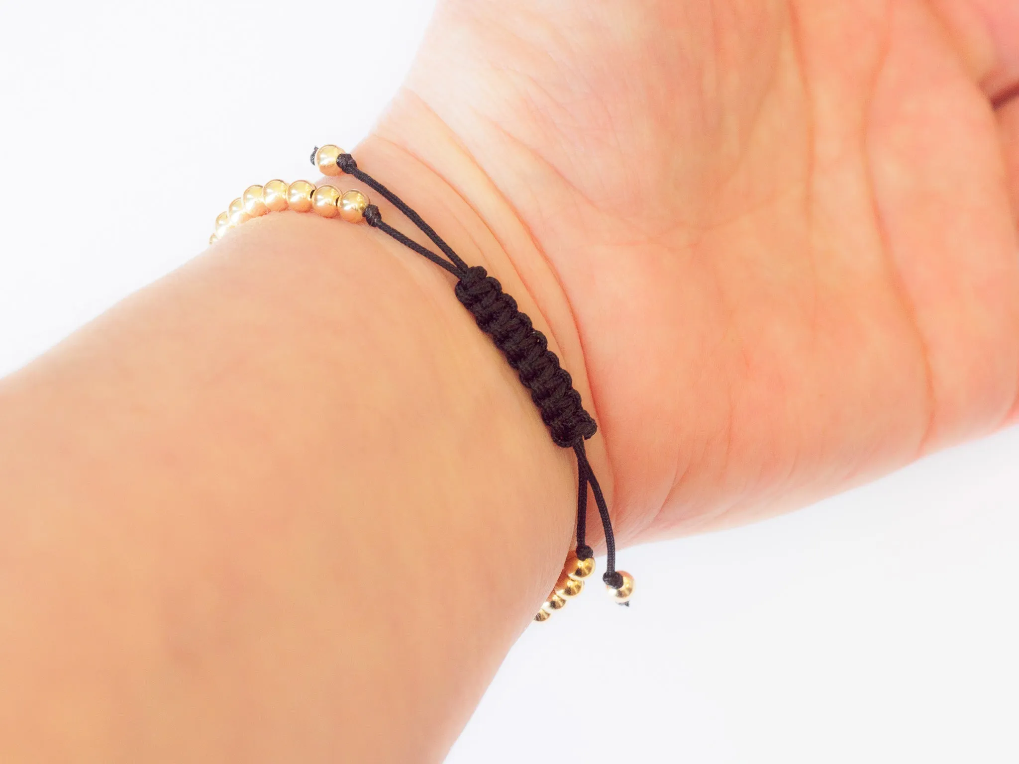 14k Gold Bead Bracelet with Adjustable Black Cord  - Men and Women's Bracelet - 4mm