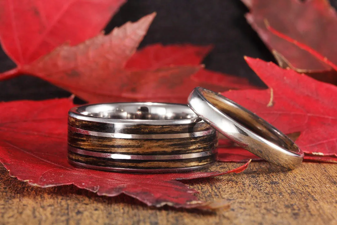 14K WHITE GOLD EXTERIOR WHISKEY BARREL WOOD INTERIOR RING