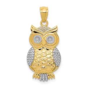 14K Yellow Gold And White Rhodium Textured Owl Pendant