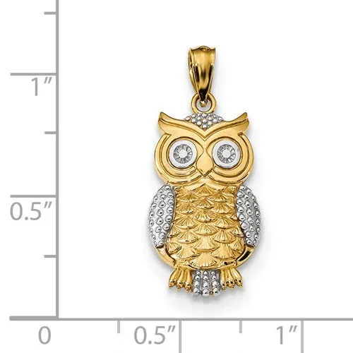 14K Yellow Gold And White Rhodium Textured Owl Pendant