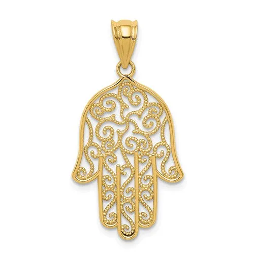 14k Yellow Gold Filigree Hamsa Hand of God Pendant