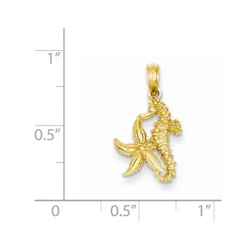 14k Yellow Gold Solid Seahorse and Starfish Pendant
