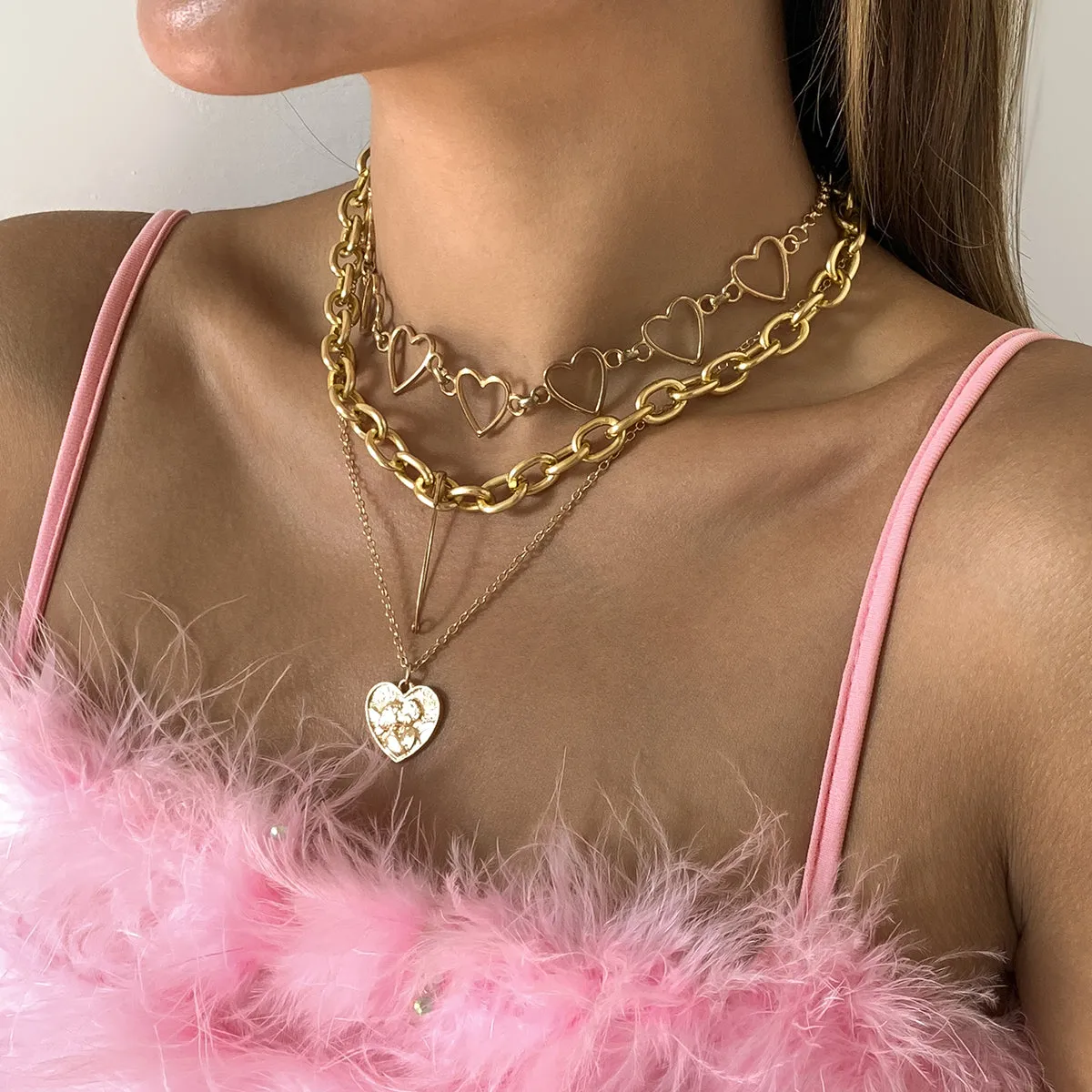18K Gold-Plated Heart Chain Safety Pin Pendant Necklace Set