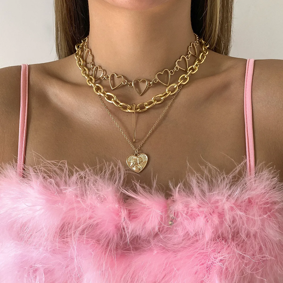 18K Gold-Plated Heart Chain Safety Pin Pendant Necklace Set