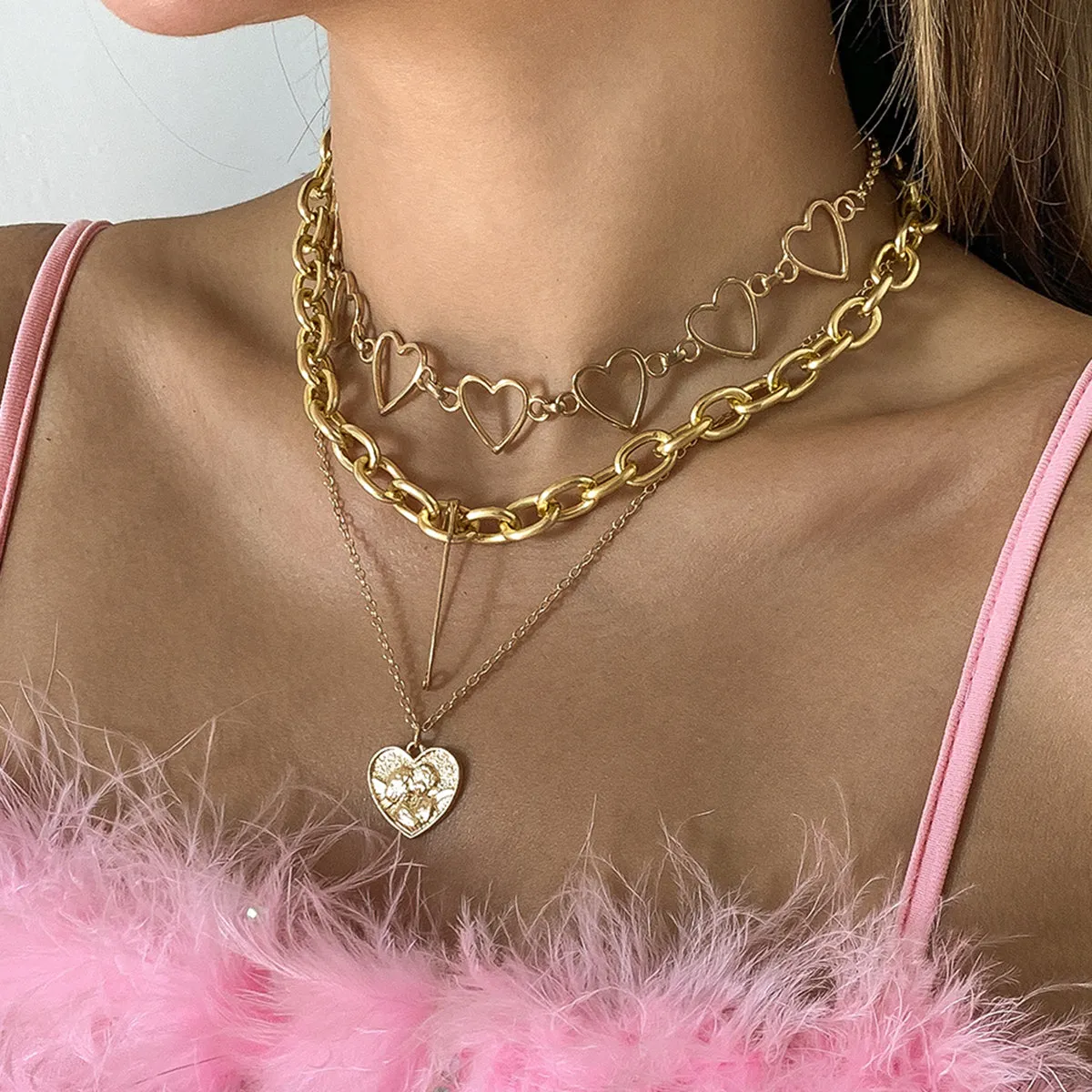18K Gold-Plated Heart Chain Safety Pin Pendant Necklace Set