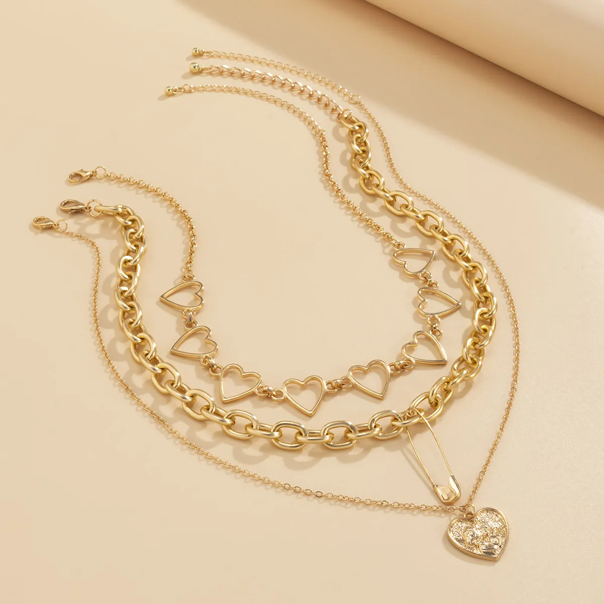 18K Gold-Plated Heart Chain Safety Pin Pendant Necklace Set