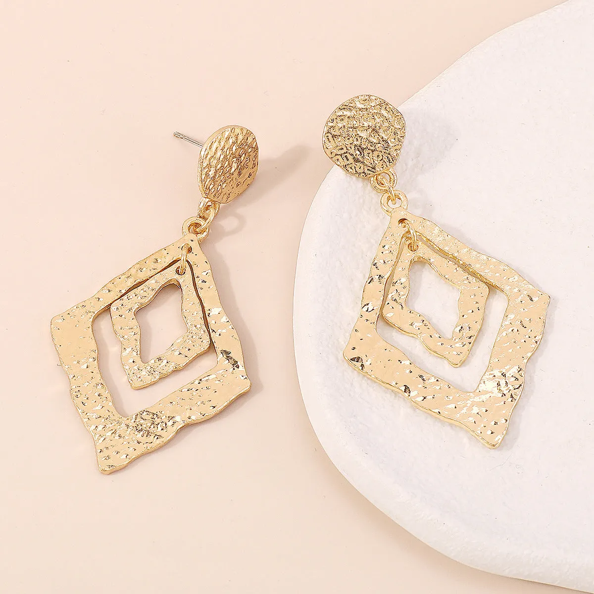 18K Gold-Plated Textured Dual Rhombus Drop Earrings