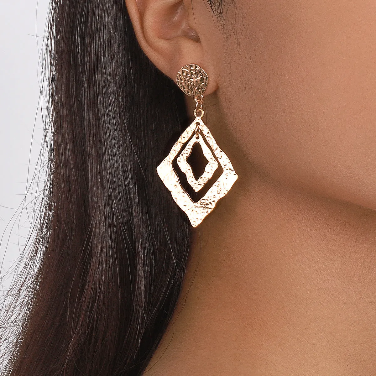18K Gold-Plated Textured Dual Rhombus Drop Earrings