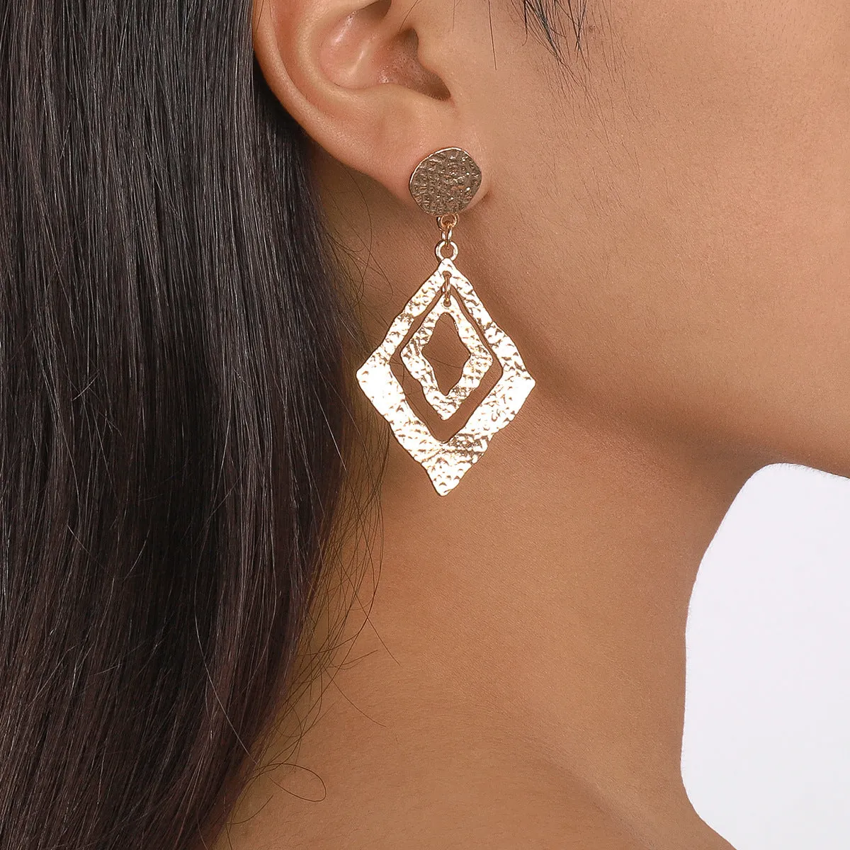 18K Gold-Plated Textured Dual Rhombus Drop Earrings