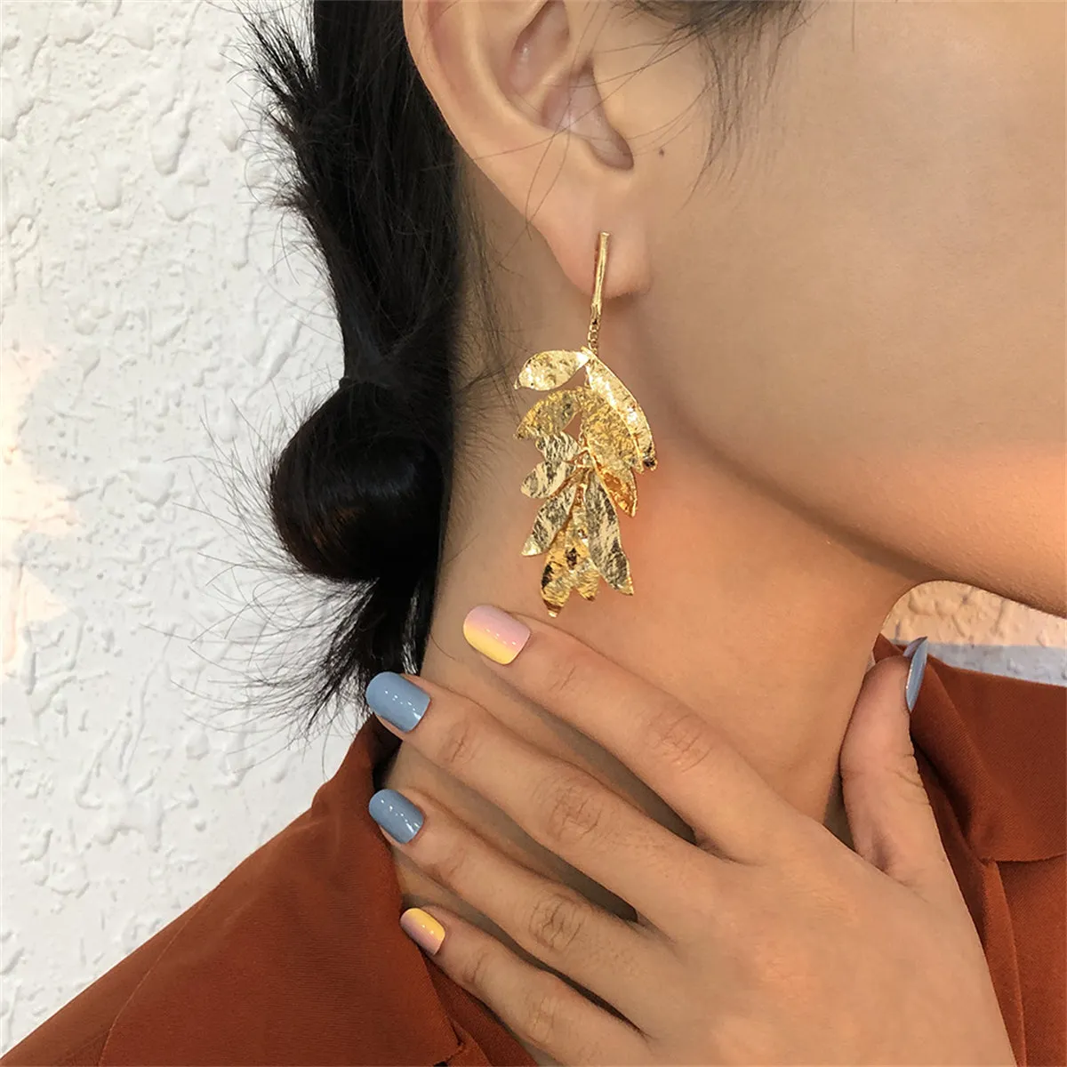 18K Gold-Plated Textured Leaves Drop Earrings