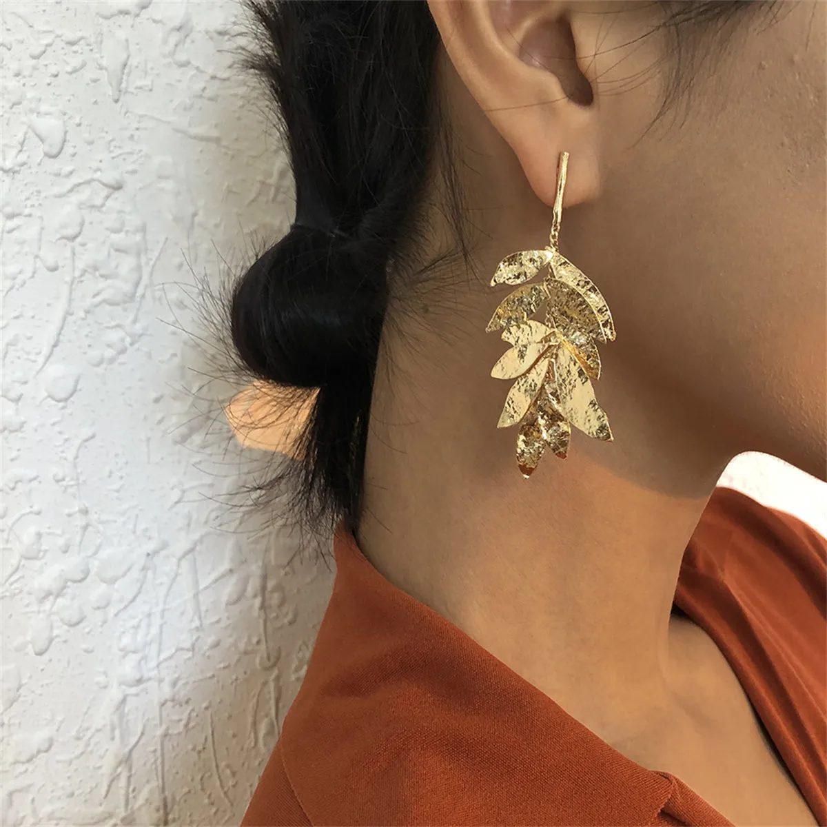 18K Gold-Plated Textured Leaves Drop Earrings