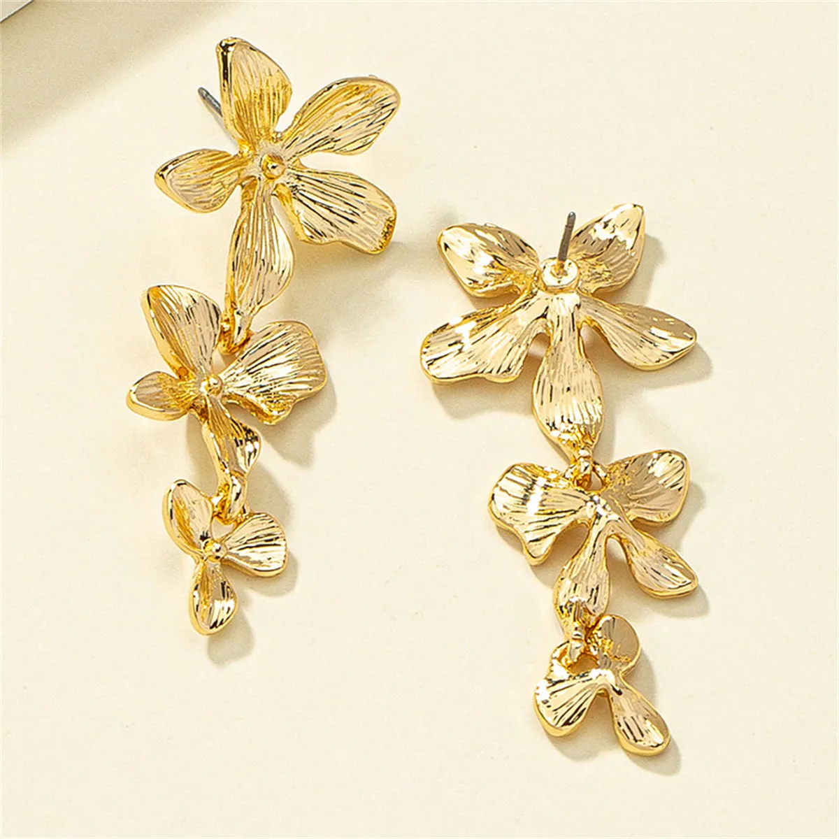 18K Gold-Plated Textured Linked Flower Drop Earrings