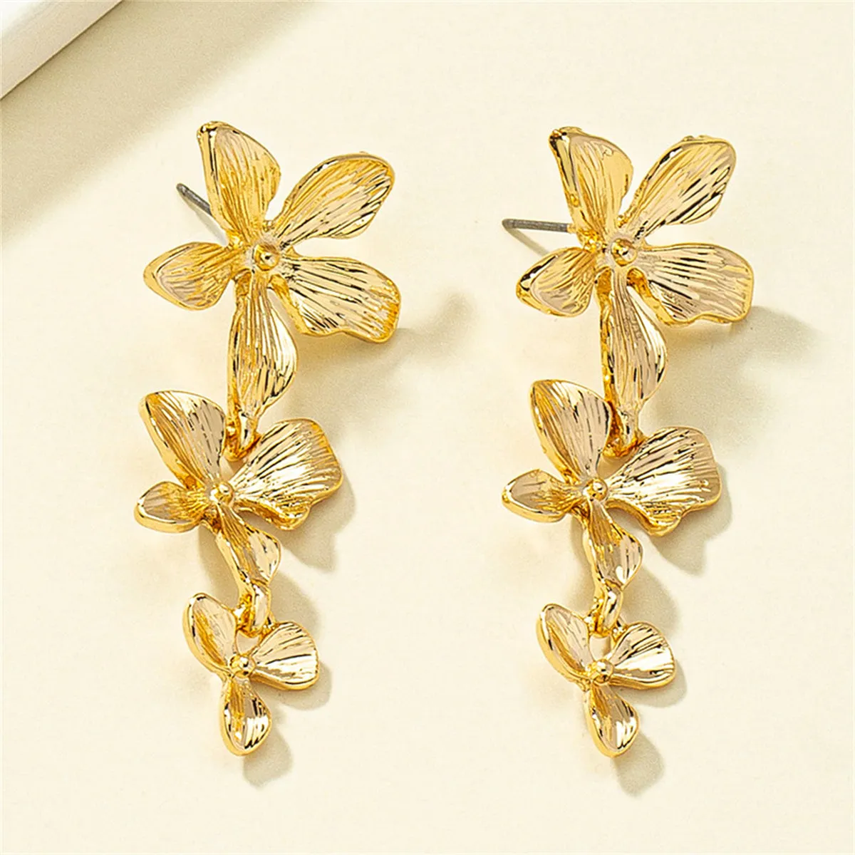 18K Gold-Plated Textured Linked Flower Drop Earrings