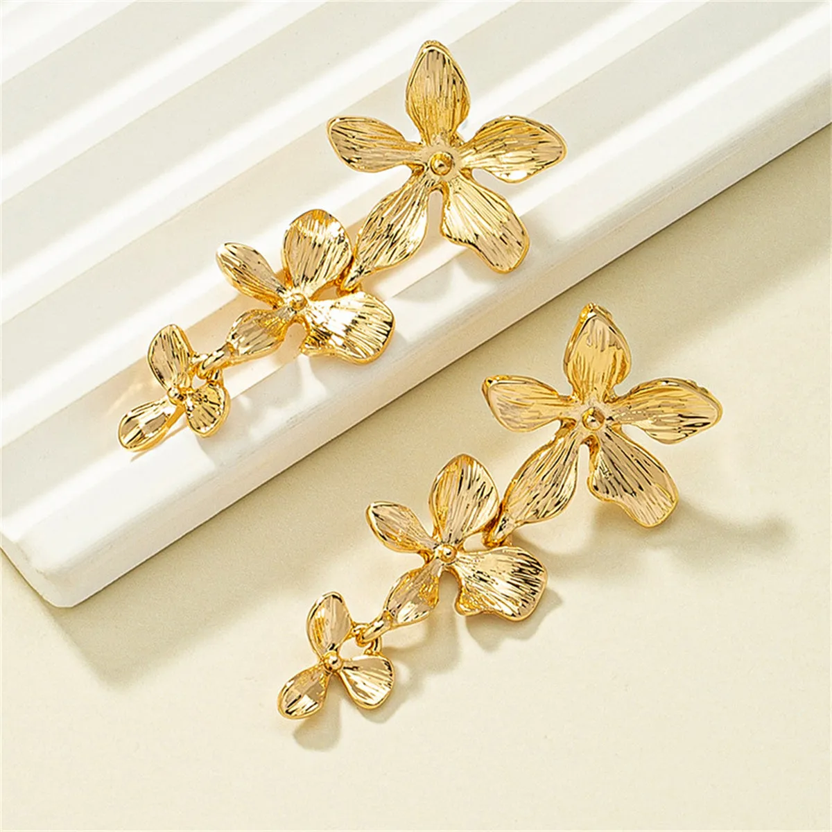 18K Gold-Plated Textured Linked Flower Drop Earrings