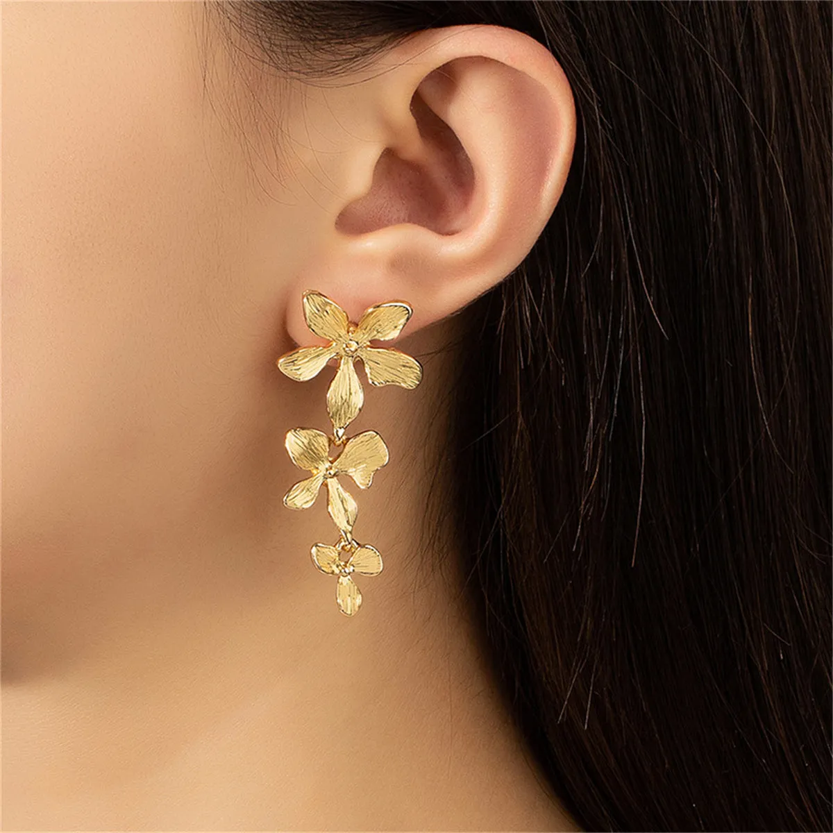 18K Gold-Plated Textured Linked Flower Drop Earrings