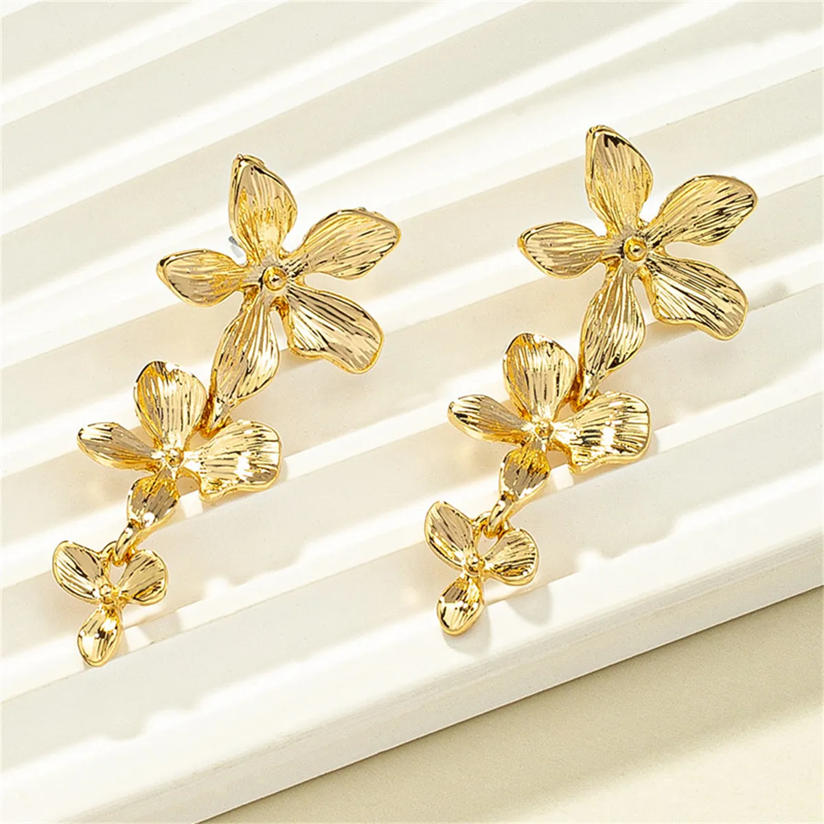 18K Gold-Plated Textured Linked Flower Drop Earrings