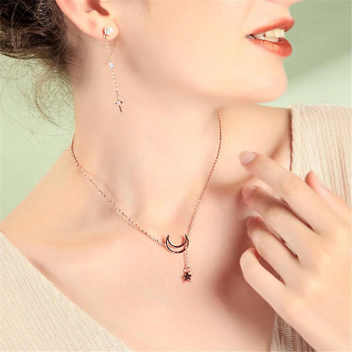 18K Rose Gold-Plated Moon & Star Pendant Necklace