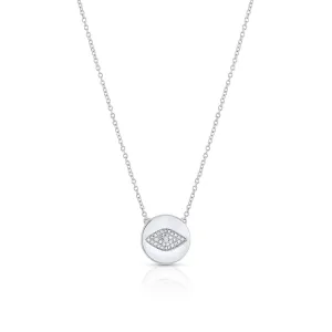 18K White Gold Pave Evil Eye Disk Pendant Necklace