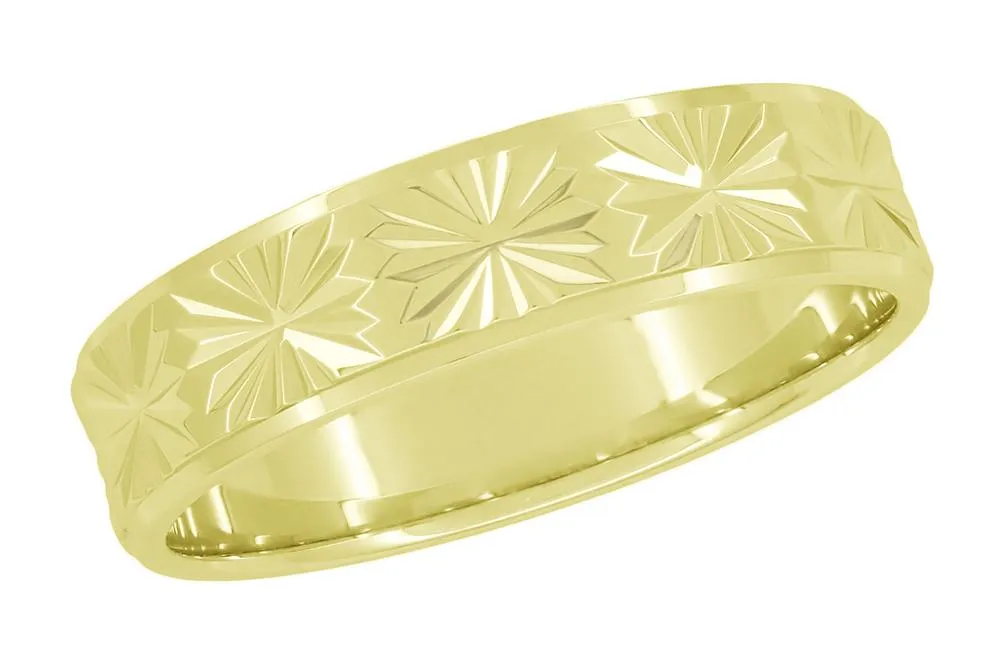 1960's Mid Century Modern Carved Stars Yellow Gold Flat Wedding Band - 5mm Wide