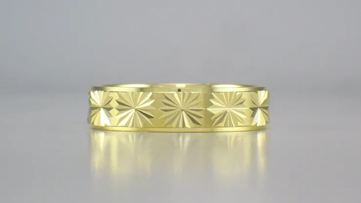 1960's Mid Century Modern Carved Stars Yellow Gold Flat Wedding Band - 5mm Wide