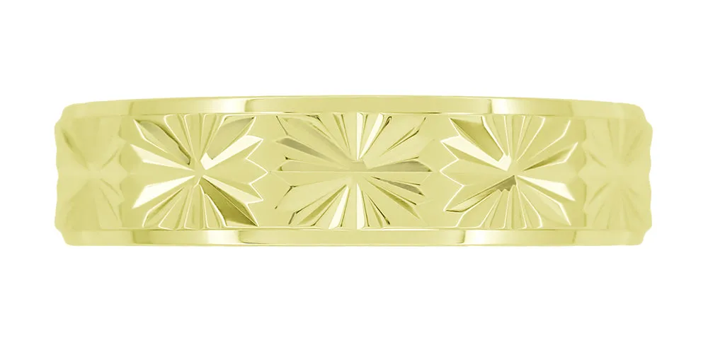1960's Mid Century Modern Carved Stars Yellow Gold Flat Wedding Band - 5mm Wide