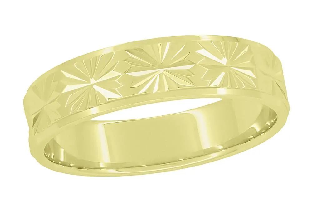 1960's Mid Century Modern Carved Stars Yellow Gold Flat Wedding Band - 5mm Wide