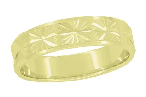 1960's Mid Century Modern Carved Stars Yellow Gold Flat Wedding Band - 5mm Wide