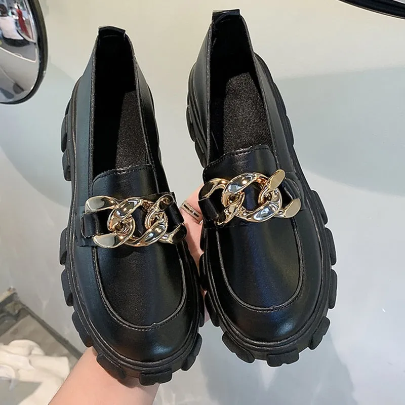2022 Female Shoes Women Fashion Mary Janes Round Toe Flats Loafers Oxfords Platform Casual Metal Chain Buckle Ladies Heels Black