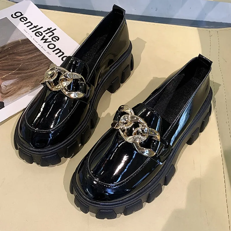 2022 Female Shoes Women Fashion Mary Janes Round Toe Flats Loafers Oxfords Platform Casual Metal Chain Buckle Ladies Heels Black