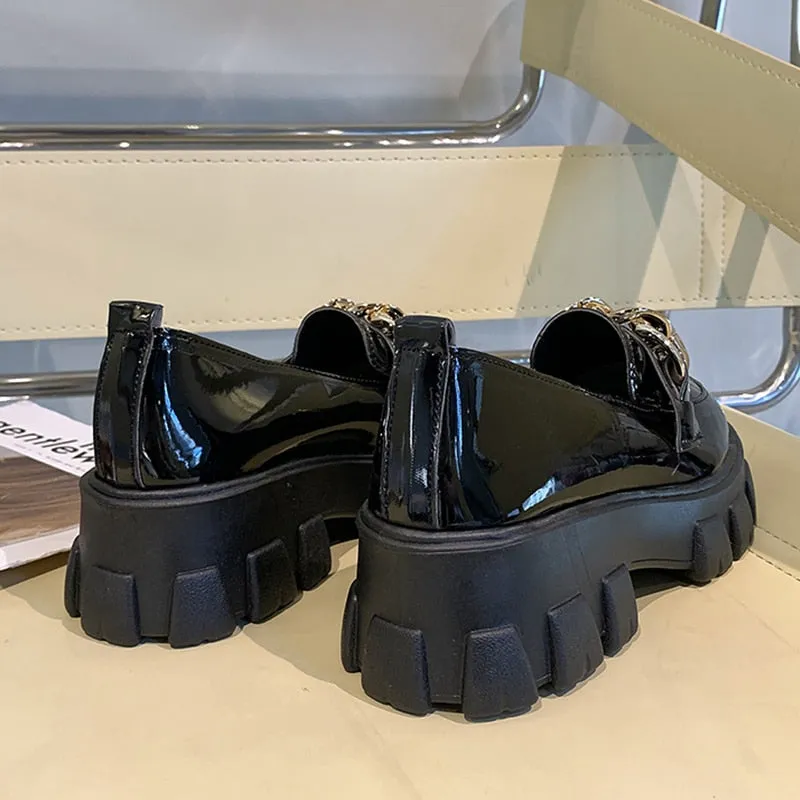 2022 Female Shoes Women Fashion Mary Janes Round Toe Flats Loafers Oxfords Platform Casual Metal Chain Buckle Ladies Heels Black