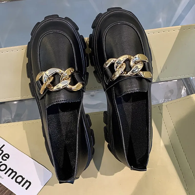 2022 Female Shoes Women Fashion Mary Janes Round Toe Flats Loafers Oxfords Platform Casual Metal Chain Buckle Ladies Heels Black