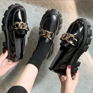 2022 Female Shoes Women Fashion Mary Janes Round Toe Flats Loafers Oxfords Platform Casual Metal Chain Buckle Ladies Heels Black