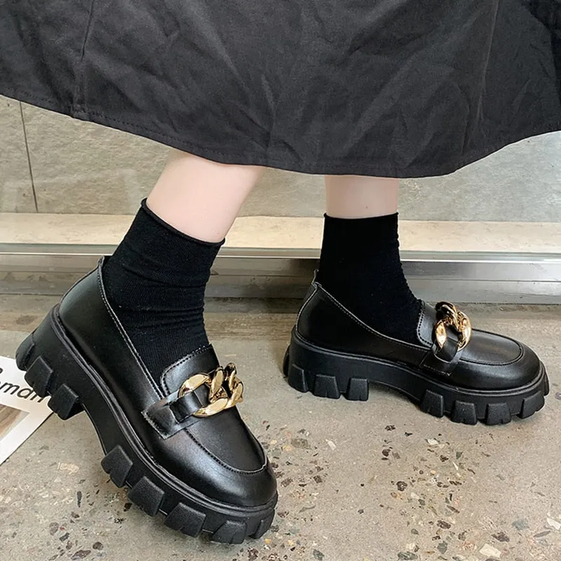 2022 Female Shoes Women Fashion Mary Janes Round Toe Flats Loafers Oxfords Platform Casual Metal Chain Buckle Ladies Heels Black