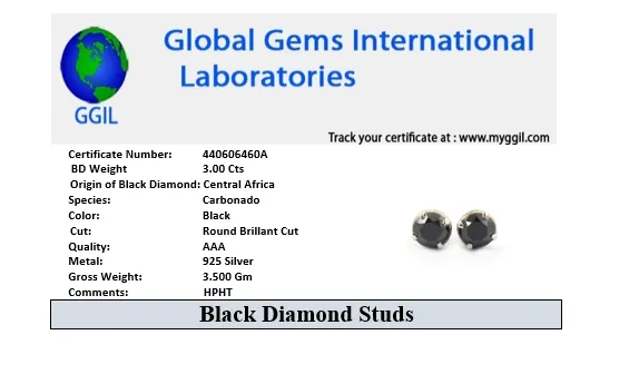3 Ct AAA Certified Black Diamond Solitaire Studs in 925 Silver, Prong Setting. Great Shine & Elegant Look