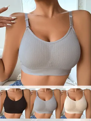 3pcs Women's Comfort Wireless Push-Up Bralettes with Adjustable Straps, Removable Pads, Elegant Solid Color