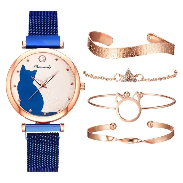 5pc Rhinestone Women's Wristwatch and Crystal Bracelets