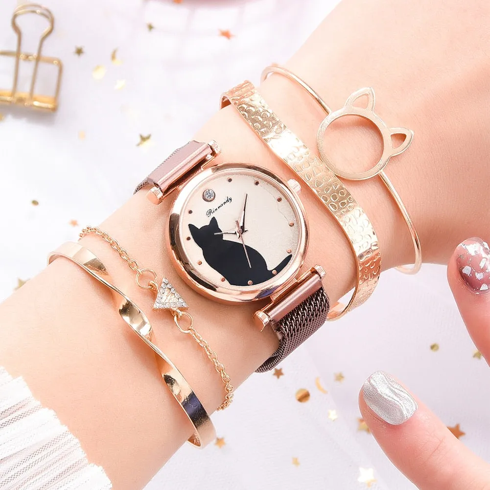 5pc Rhinestone Women's Wristwatch and Crystal Bracelets
