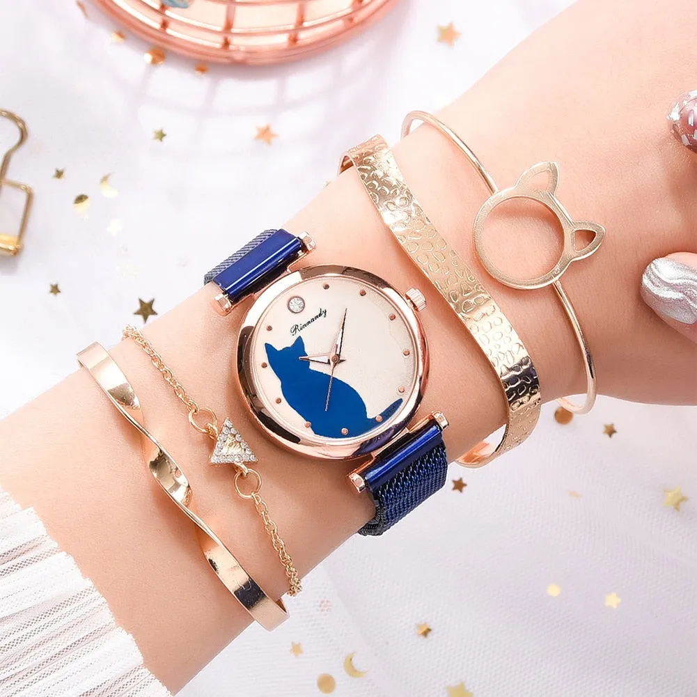 5pc Rhinestone Women's Wristwatch and Crystal Bracelets