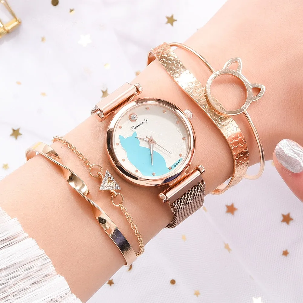 5pc Rhinestone Women's Wristwatch and Crystal Bracelets
