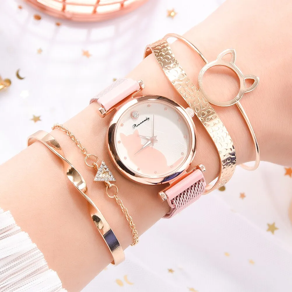 5pc Rhinestone Women's Wristwatch and Crystal Bracelets