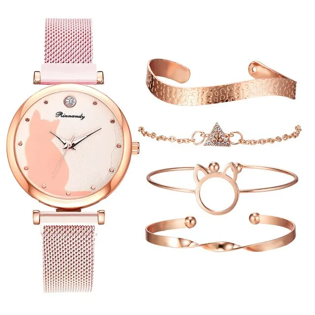 5pc Rhinestone Women's Wristwatch and Crystal Bracelets