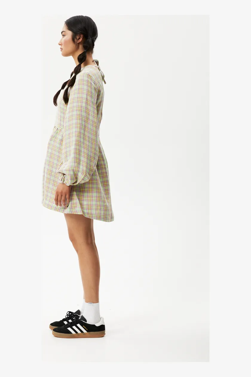 AFENDS KALI - LONG SLEEVE MINI DRESS - PISTACHIO CHECK