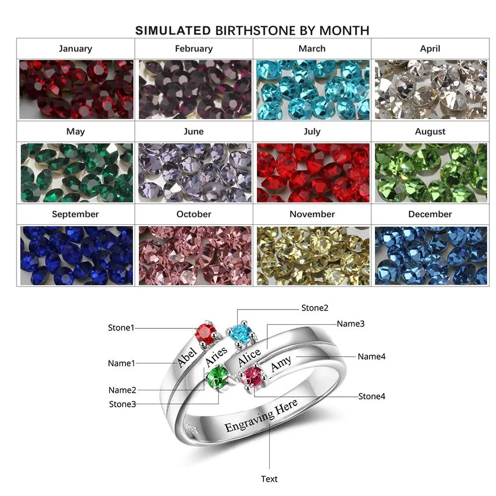 Anniversary Family Ring Engrave Names Custom 4 Birthstone Ring 925 Sterling Silver Commemoration Gift