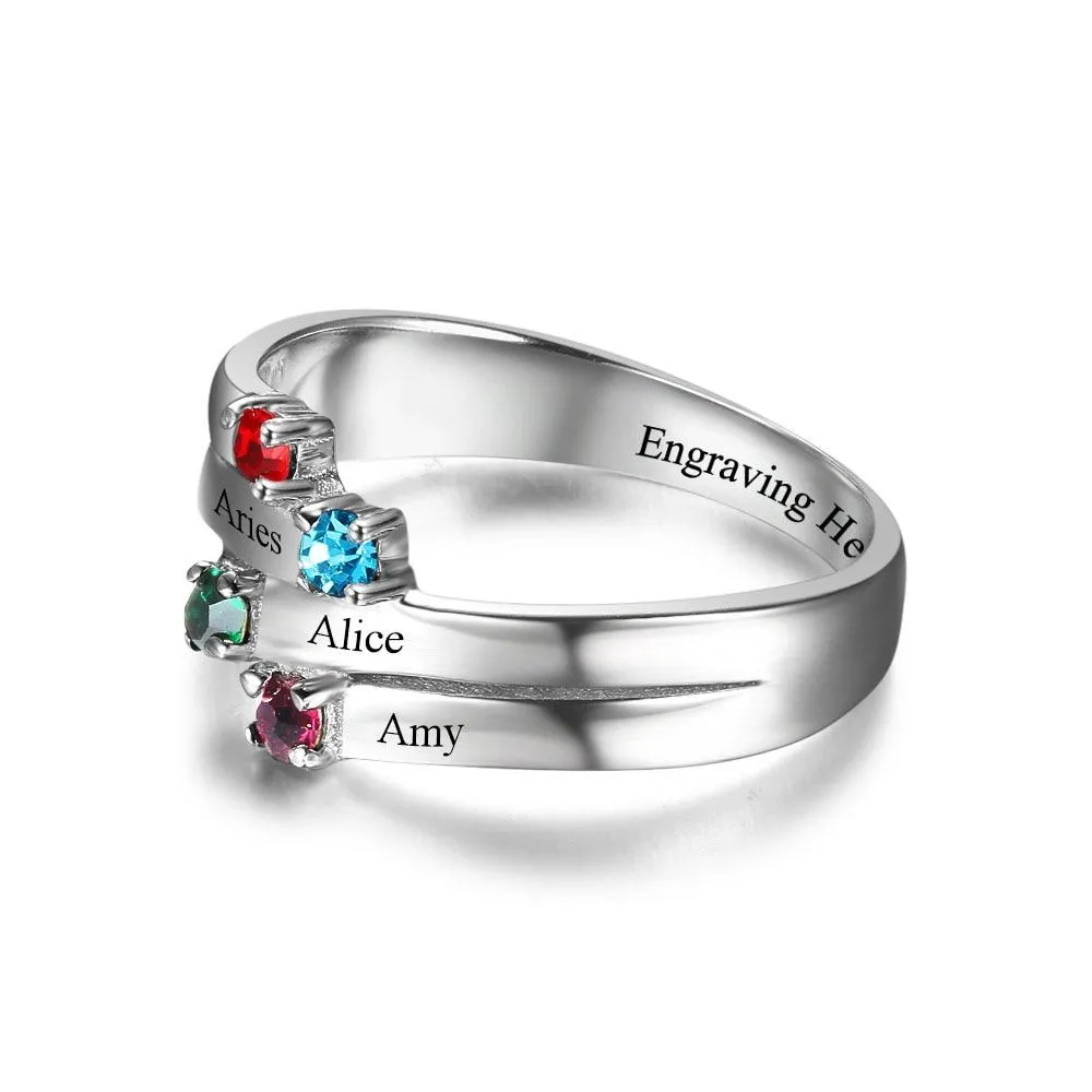 Anniversary Family Ring Engrave Names Custom 4 Birthstone Ring 925 Sterling Silver Commemoration Gift