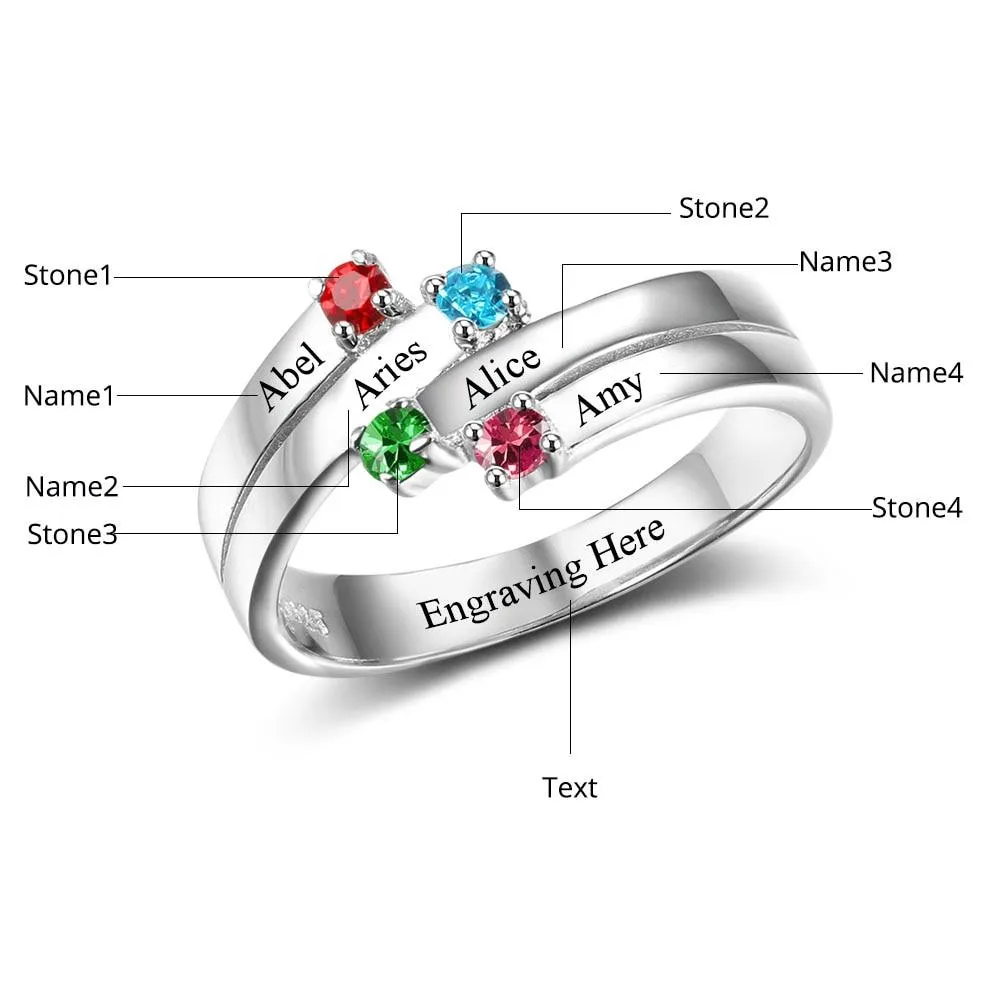 Anniversary Family Ring Engrave Names Custom 4 Birthstone Ring 925 Sterling Silver Commemoration Gift