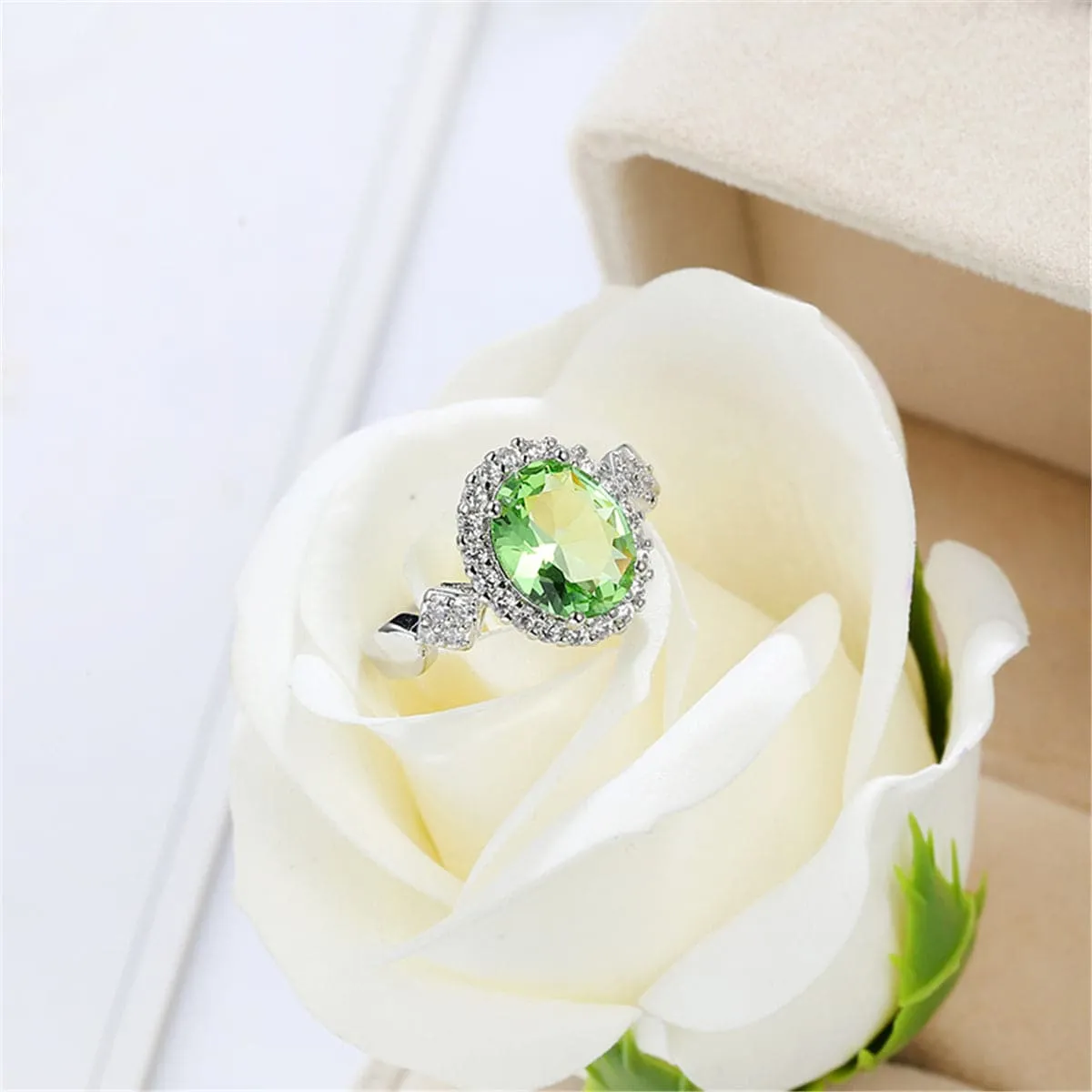 Apple Green Cubic Zirconia & Crystal Halo Oval Ring