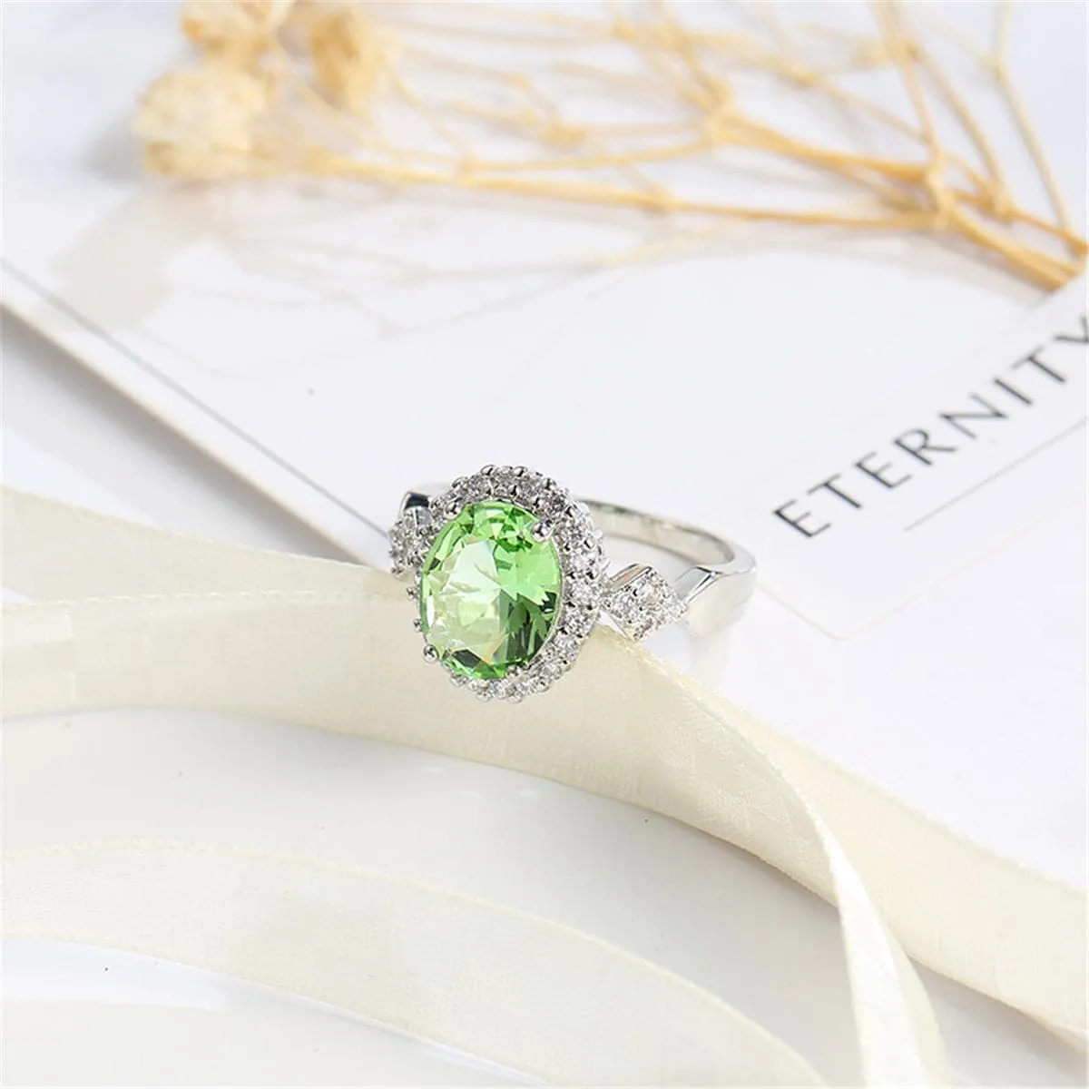 Apple Green Cubic Zirconia & Crystal Halo Oval Ring