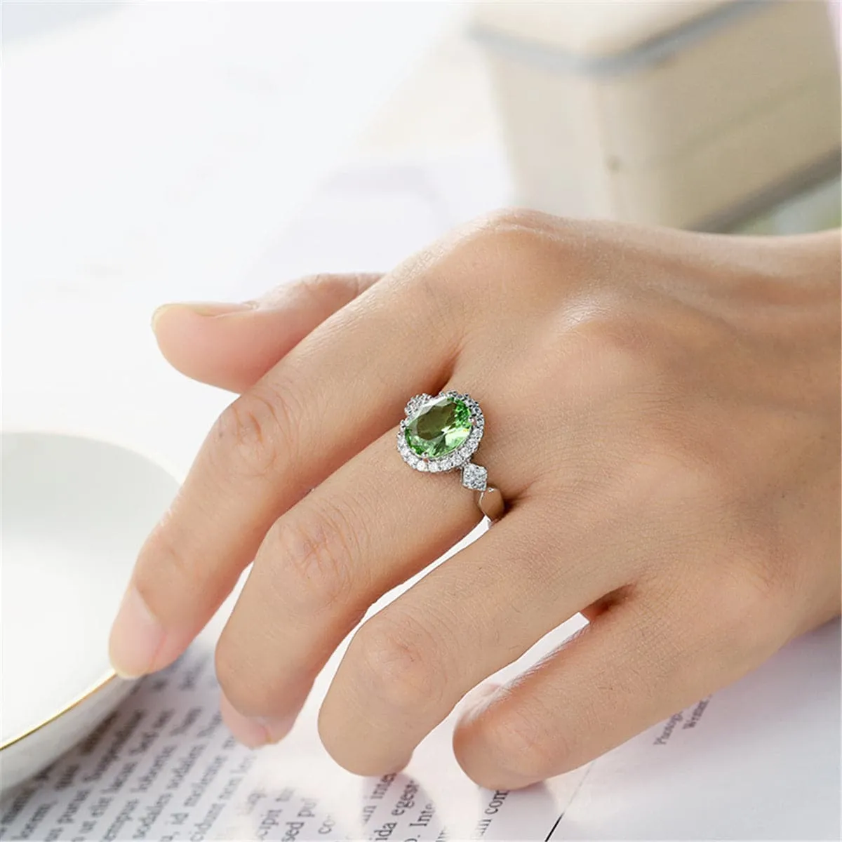 Apple Green Cubic Zirconia & Crystal Halo Oval Ring