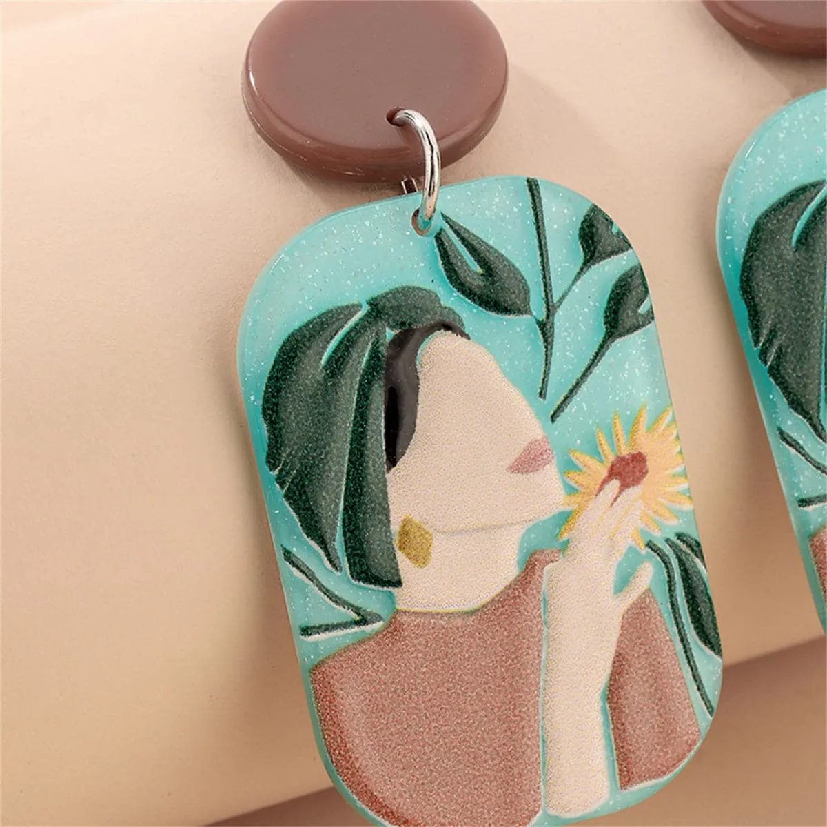 Aqua & Taupe Tiered Floral Portrait Drop Earrings