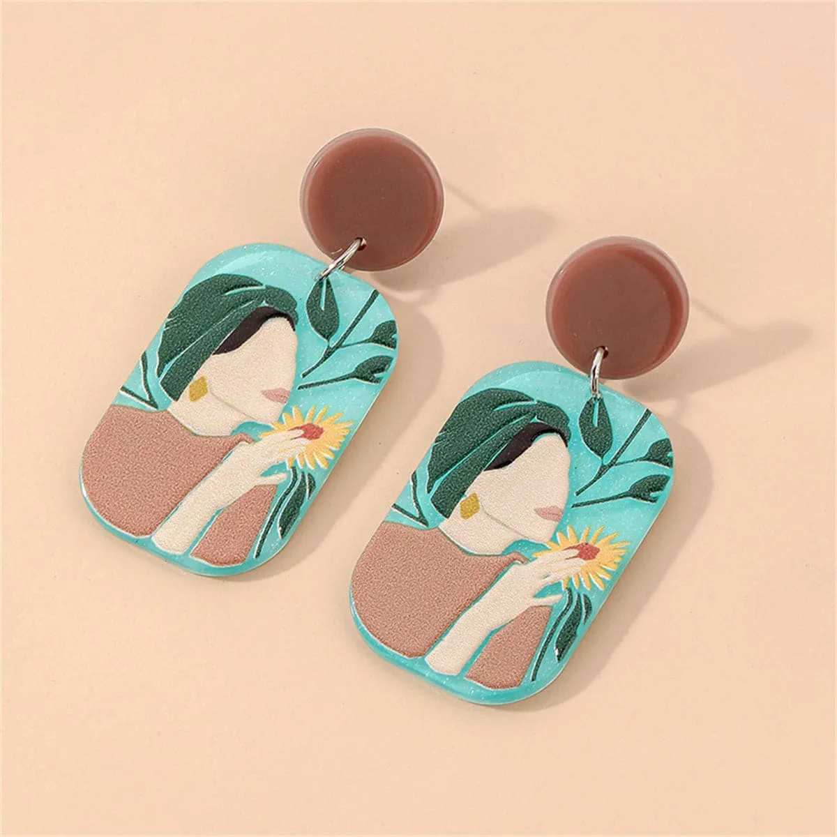 Aqua & Taupe Tiered Floral Portrait Drop Earrings